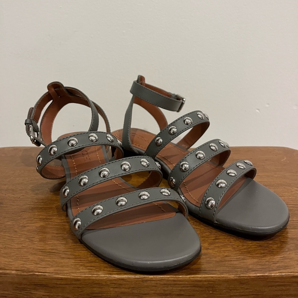 Coach grey studded ankle strap sandal, low wedge heal. Never worn - size 6